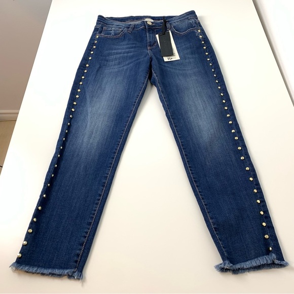 NWT Rinascimento Jeans Denim Blue Studs Raw Hem Sz Large Slim Glam Rockstar - Picture 3 of 16